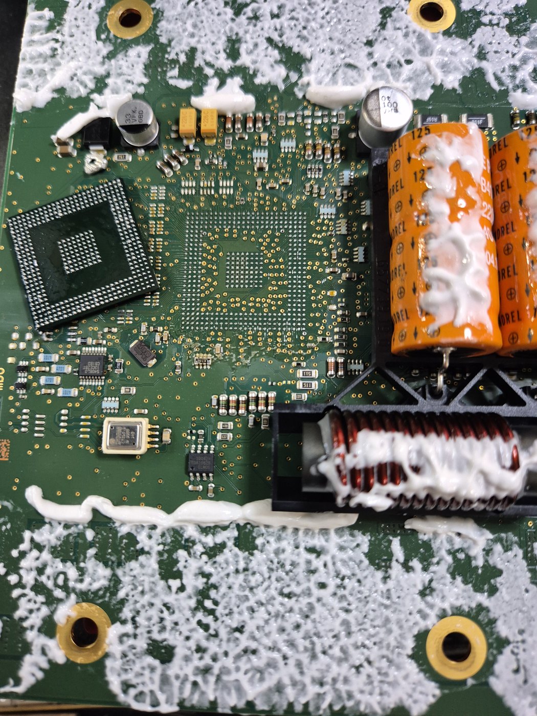 Corroded circuit board from liquid damage before cleaning and repair